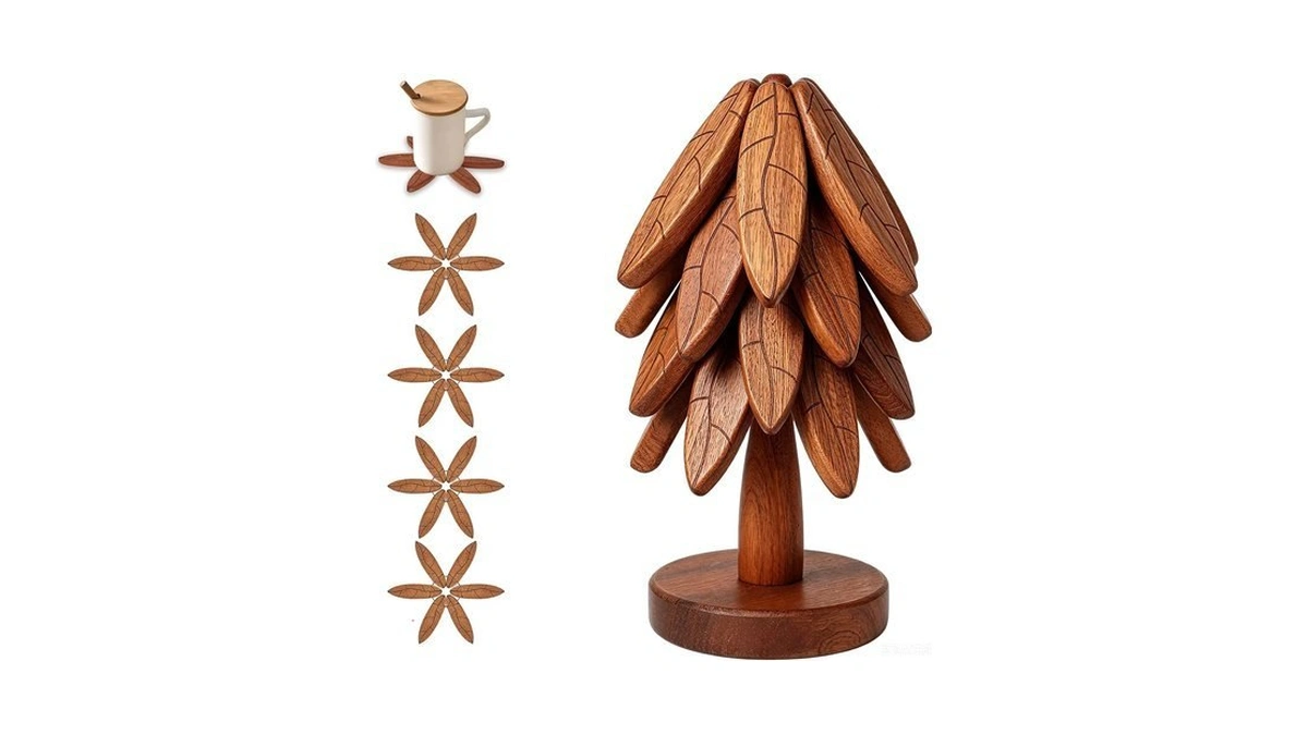 Wood Tree Coaster Set With Stand | Leaf Anti‑slip Pattern