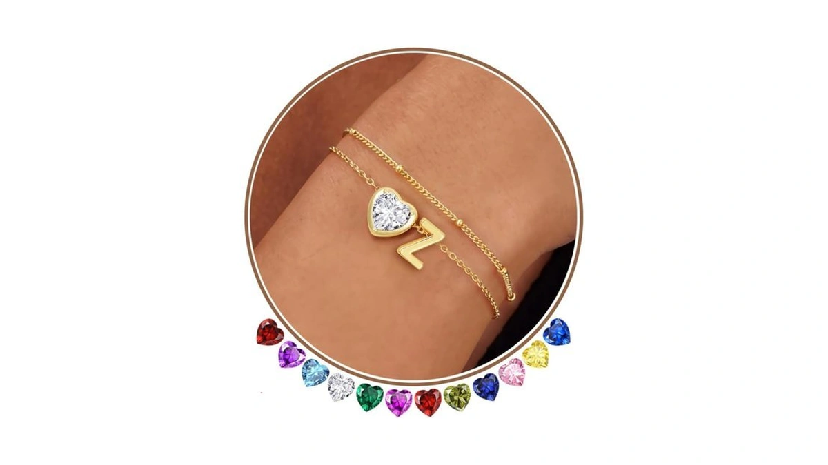 14k Gold Plated Heart Initial Birthstone Gold Bracelets For Women