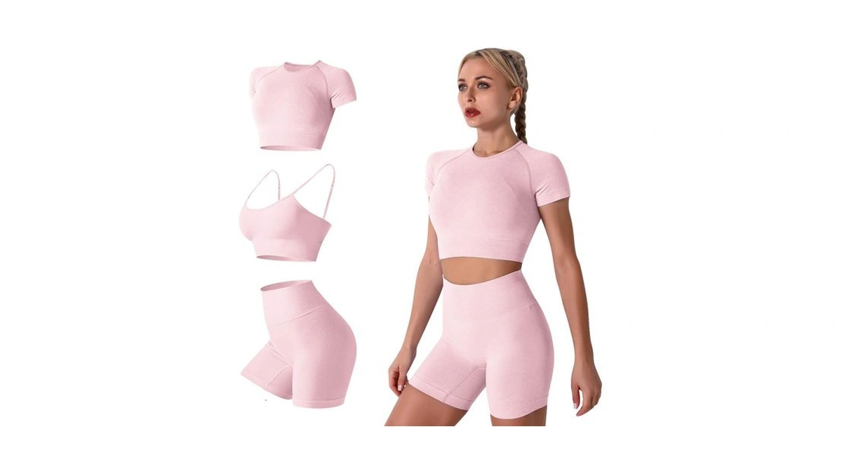 Women's Seamless Yoga Outfits 3 Pieces Workout Short Sleeve Crop