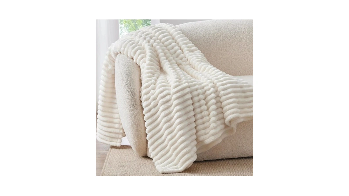 Bedelite Ribbed Fleece Throw Blanket For Couch, Cream, 50"x60"