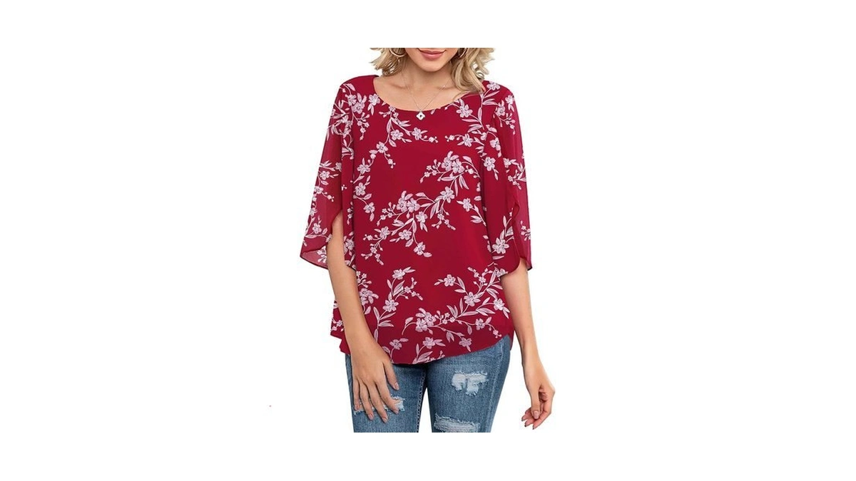 Neineiwu Women's Floral Chiffon Blouse 3/4 Ruffle Sleeve Dressy Casual