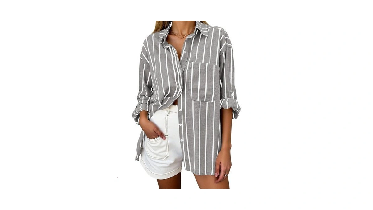 Kirundo Womens Striped Button Down Shirts Casual Fall(grey, S)