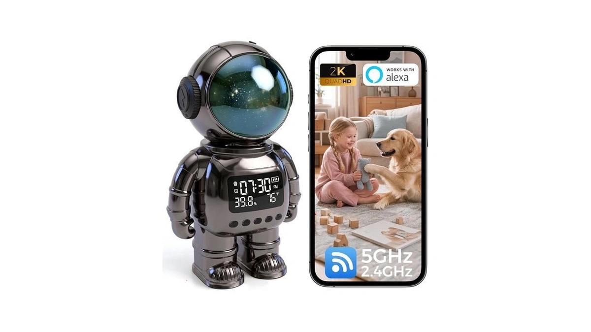 Carltec 2k Astronaut Indoor Clock Camera, Wifi‑6 2.4g/5g Baby Pet