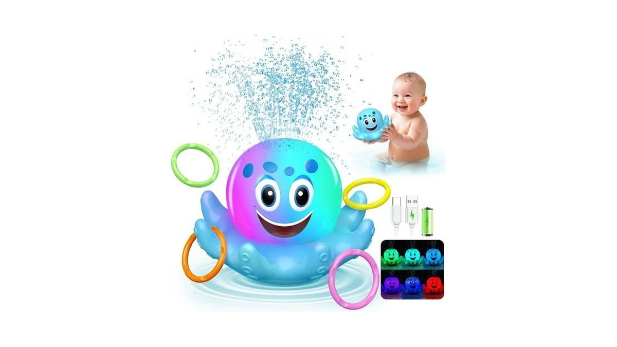 Wootoy Bath Toys -light Up Octopus Sprinkler & Ring Toss