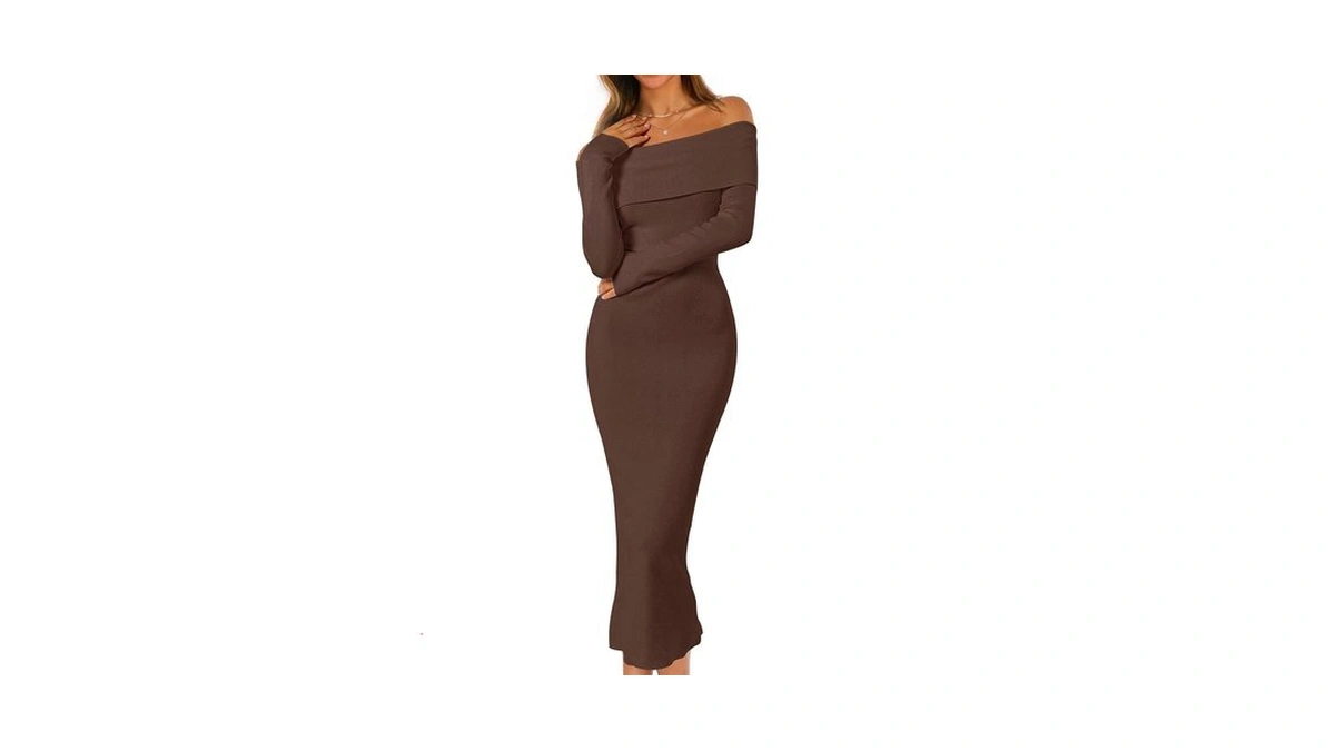 Merokeety Women's Off Shoulder Long Sleeve Sweater Dress, Coffee, Medium