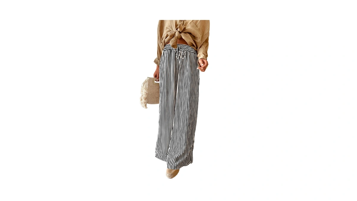 Acelitt Women Casual Black Striped Drawstring...