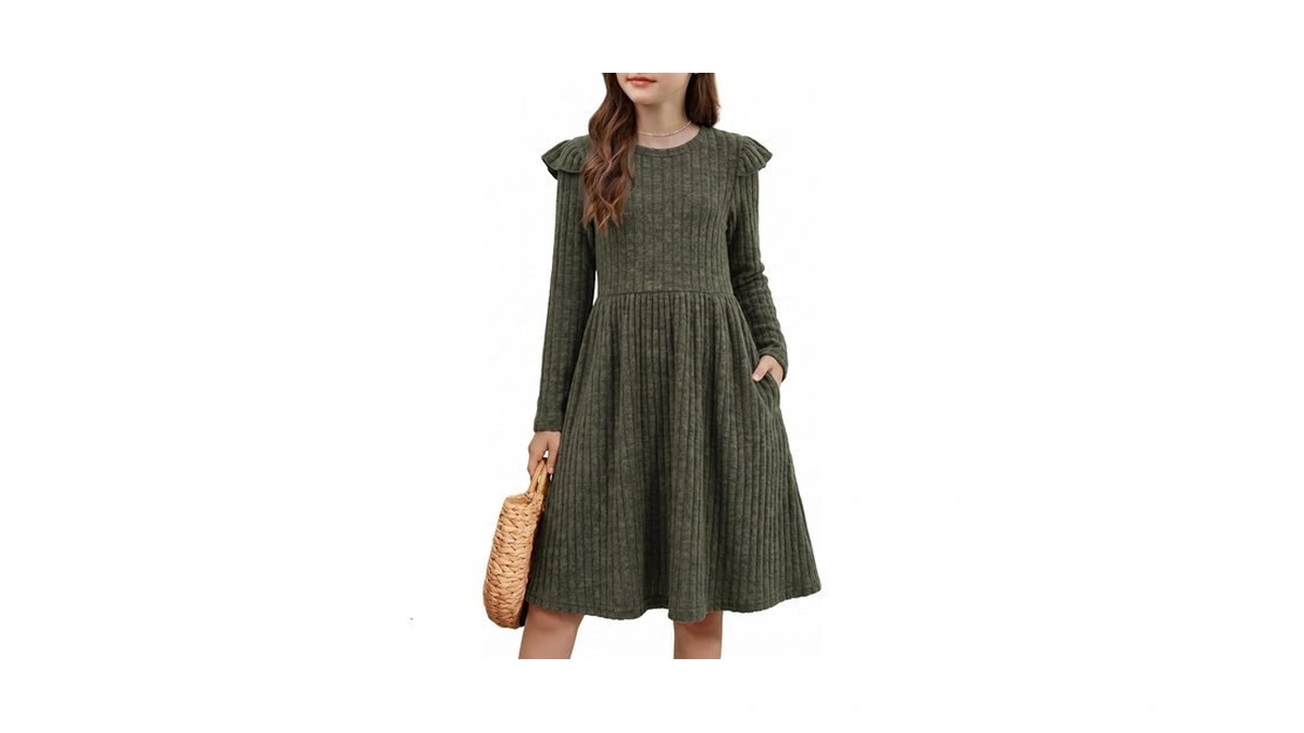 Freelyve Girls Dresses Long Sleeve Ribbed Knit Fall Clothes,green,6-7y