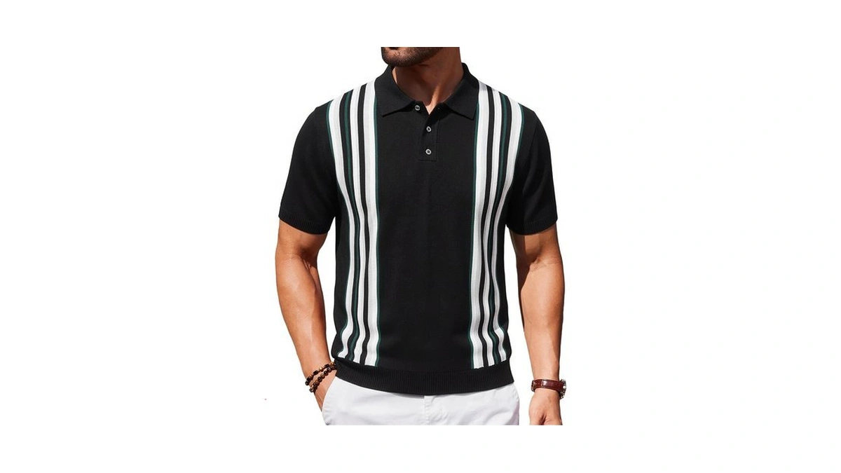 Mens Knit Polo Shirts Short Sleeve Vintage Striped Shirt Black