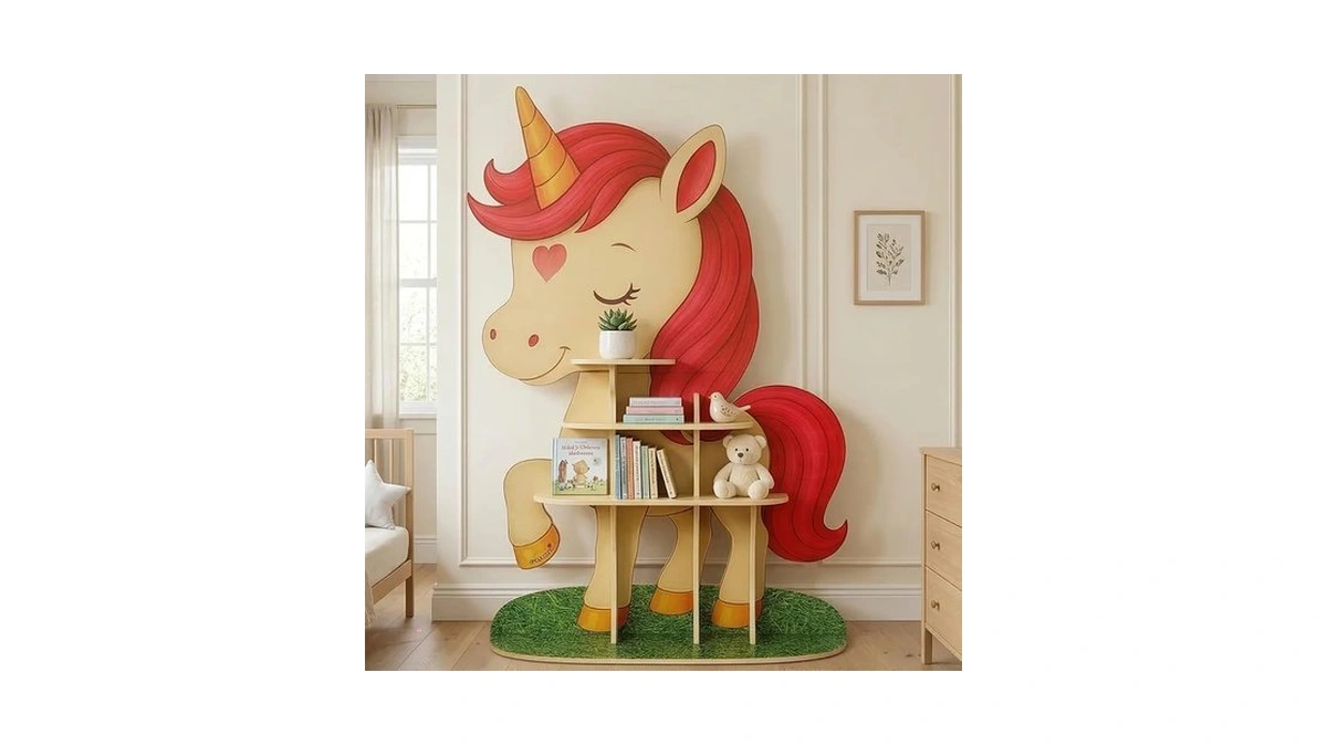 Unicorn Large Kids Bookshelf Organizer - 47" Tall Wooden Book