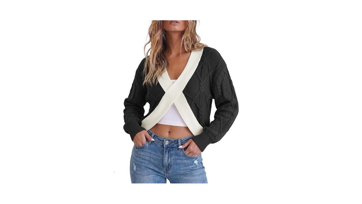 Fisoew Womens Cropped Cable Knit Sweaters Criss Cross Off Shoulder