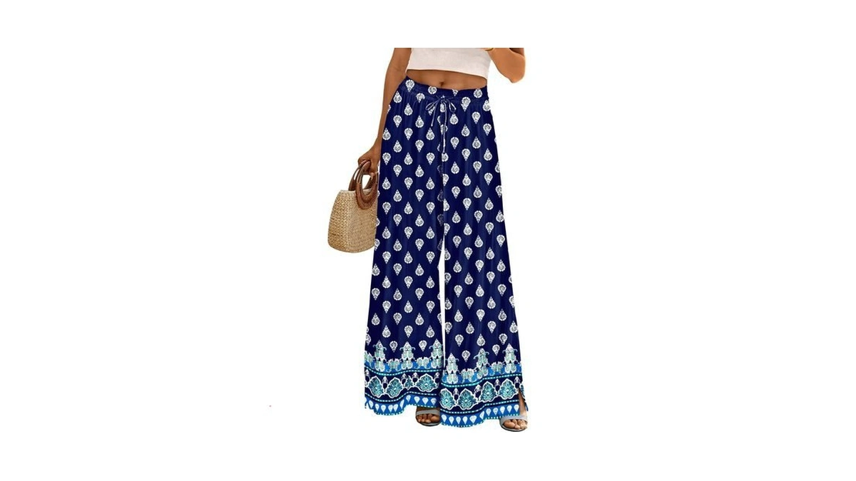 Yesno Women Summer Flowy Wide Leg Pants Drawstring Elastic Waist