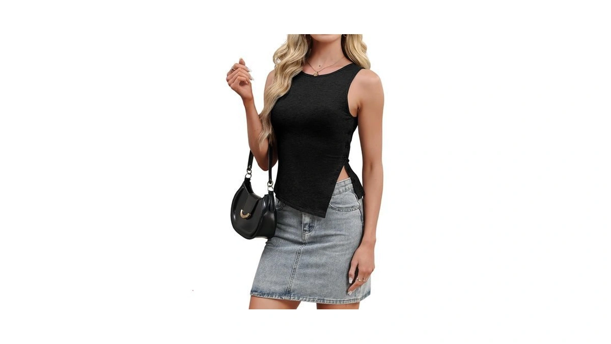 Datamount Womens Asymmetrical Ribbed Tank Top Sleeveless Summer Tops Black