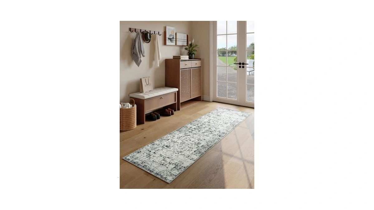 Unirea 2x6 Grey White Runner Rug, Washable Non Slip Vintage