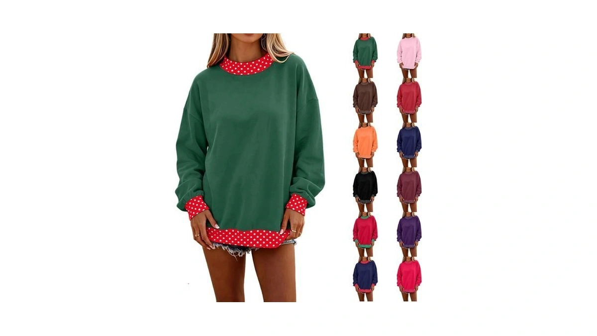 Green Sweatshirts Women Crewneck Polka Dot Trim Pullover Boho Fall