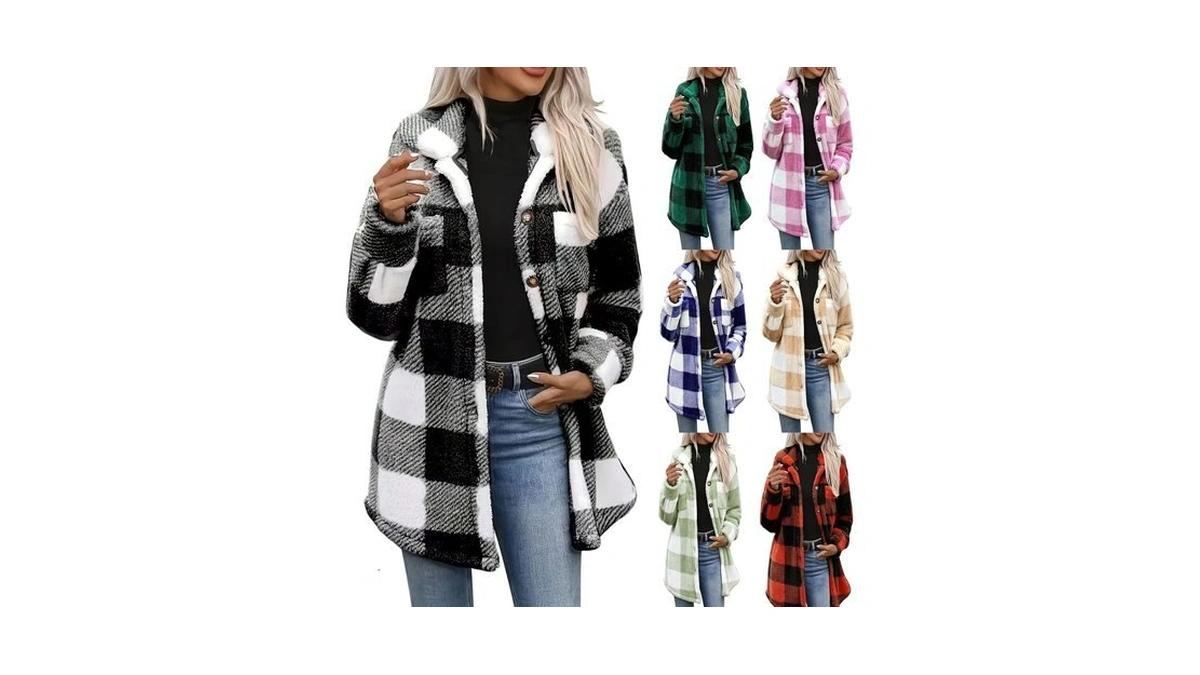 Fleece Jacket Women Warm Plaid Button Down Casual Flannel Jacket