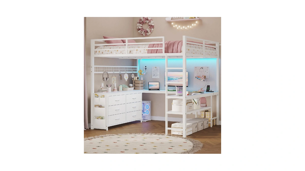 Adorneve Loft Bed Full Size With U-shaped Desk, 6 Storage
