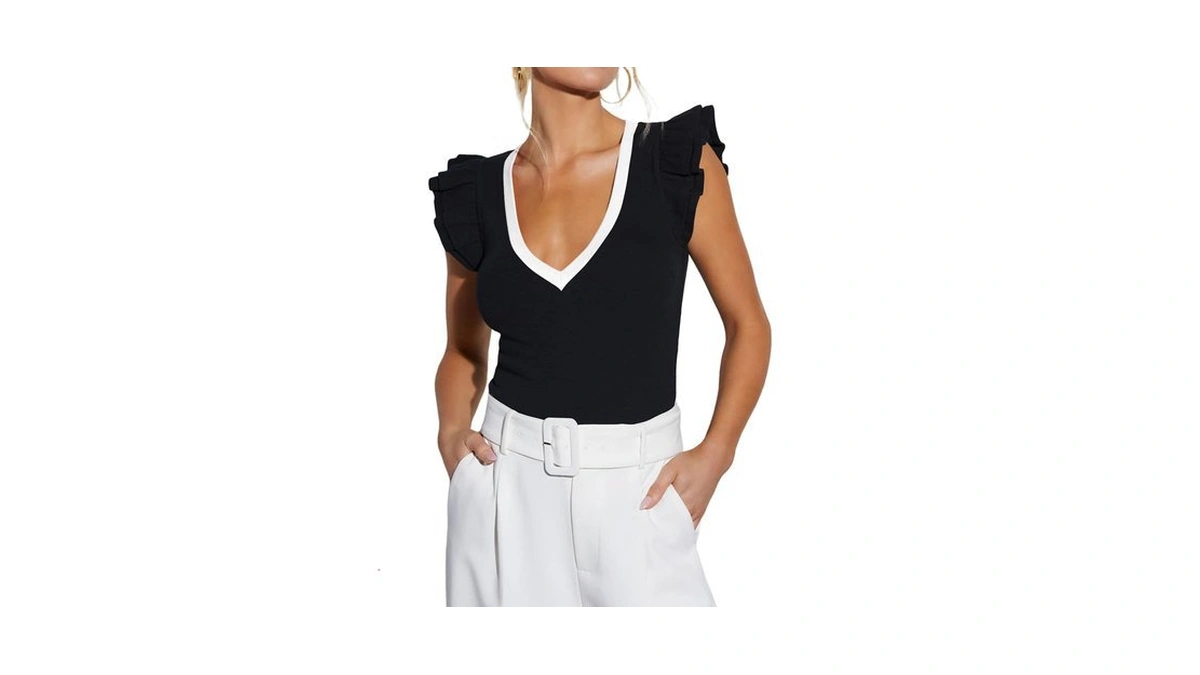 Bonitee Women Sexy Deep V Neck Tops Summer Ruffle Tank
