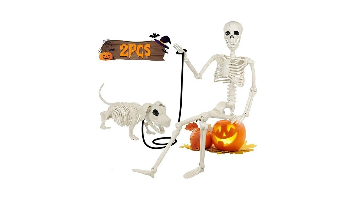 36'' Halloween Skeleton Decorations With Dog Skeleton: 3ft Posable Skeleton
