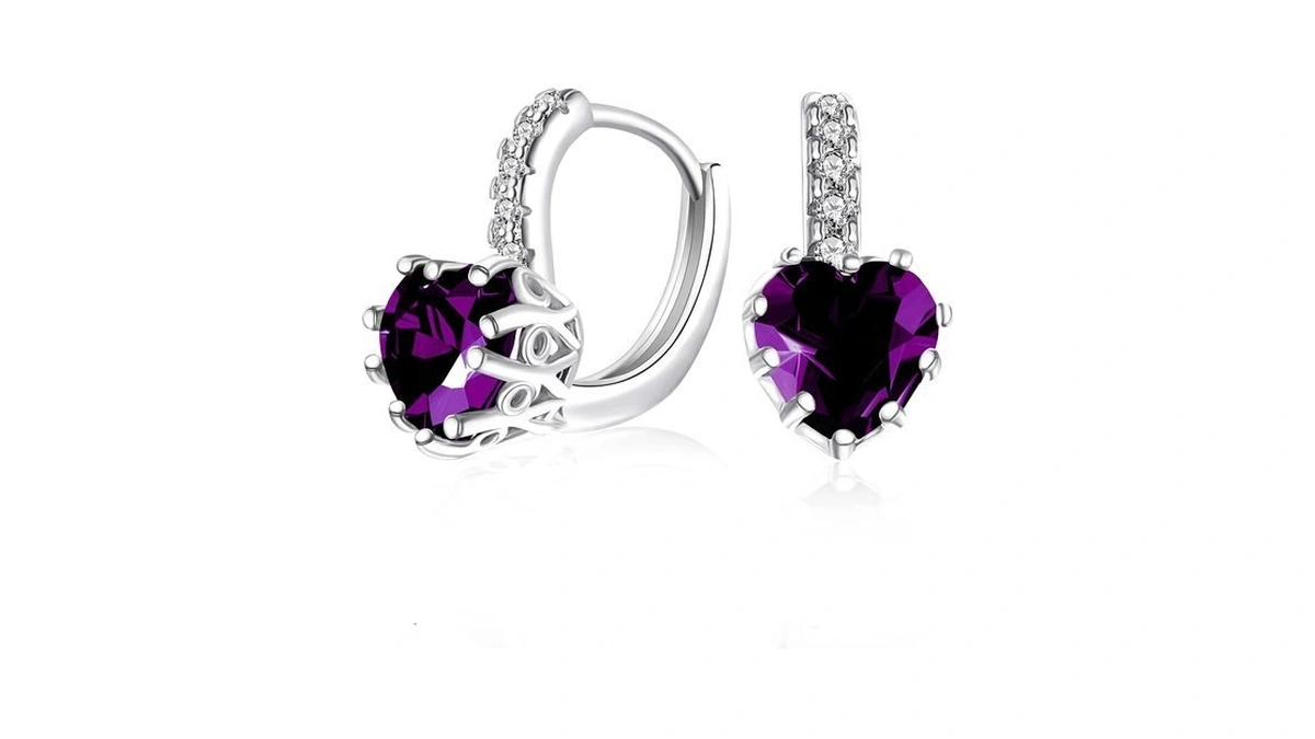 Heart Shape Purple Crystal Leverback Pierced Earrings Women White Gold