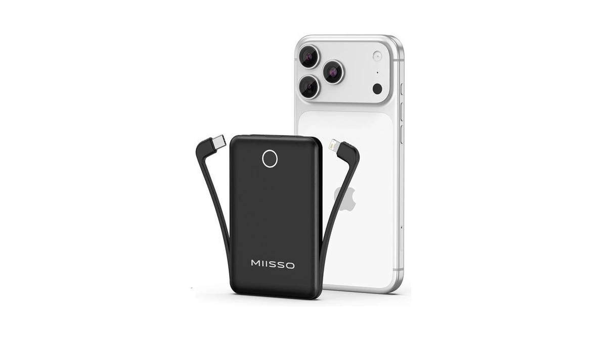 Miisso 10000mah Mini Portable Charger With Built In Cable, Black
