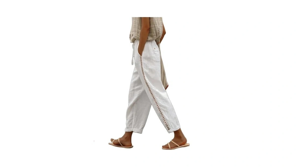 Kubsid Women Linen Pants Summer Casual Hollow Out Drawstring Elastic