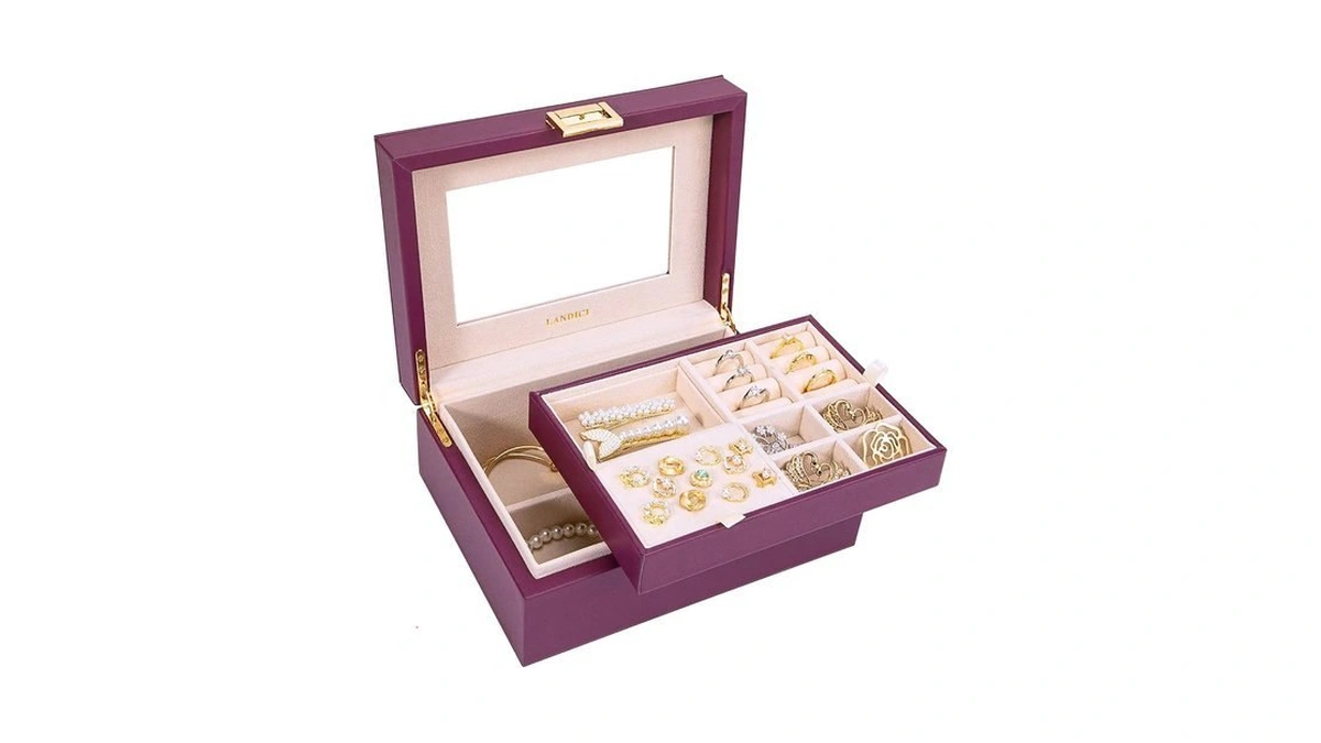 Landici 2-layer Leather Jewelry Box With Mirror, Purple