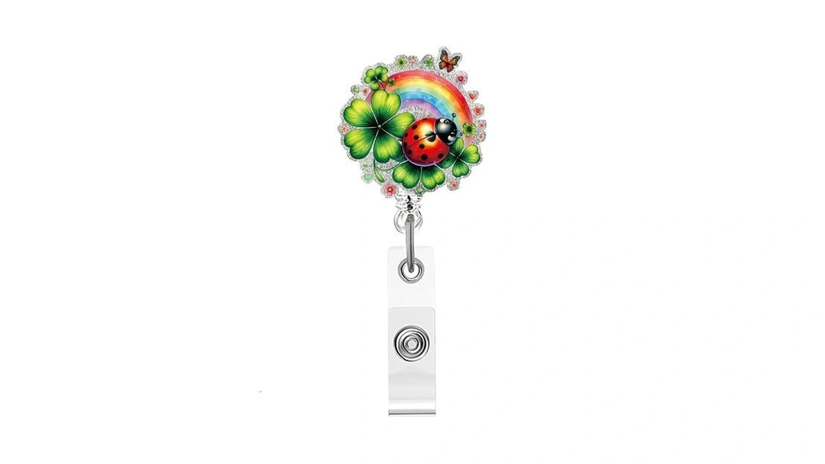 St. Patrick's Day Clover Ladybug Badge Reel Retractable Rainbow Design