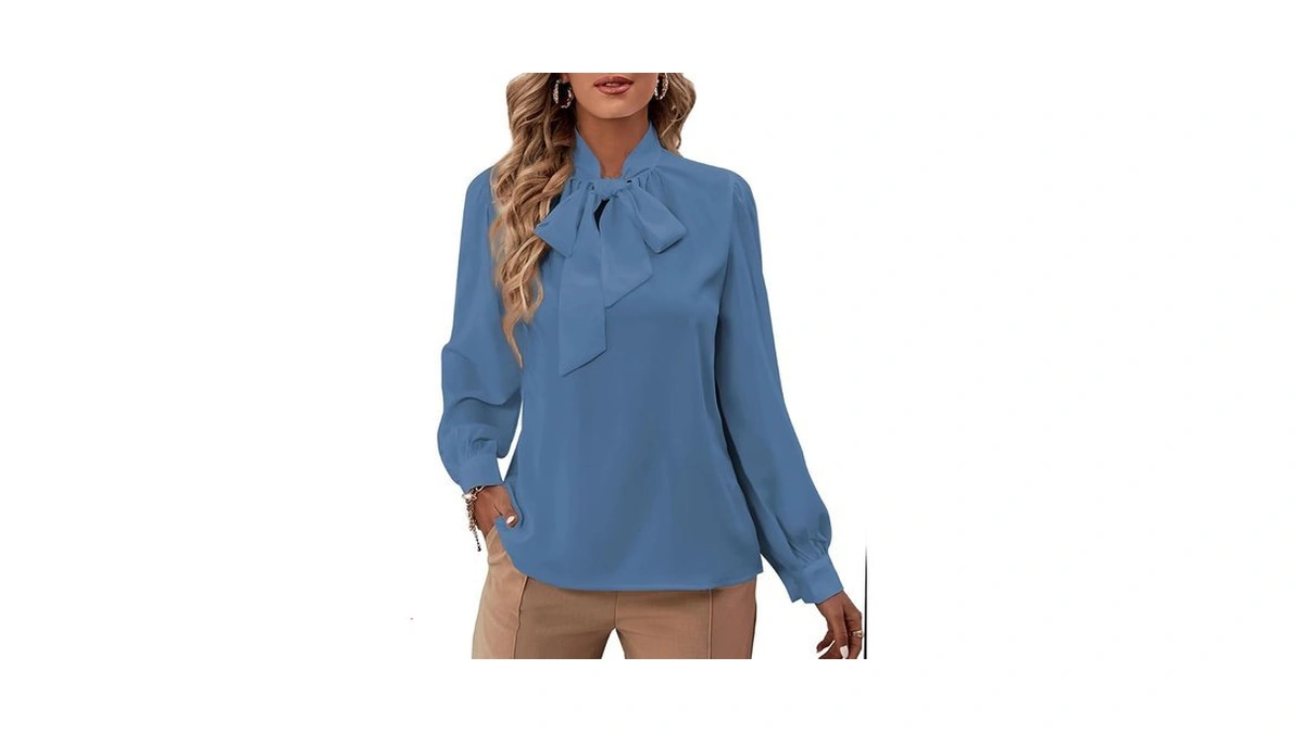 Rooscier Women's Bow Tie Neck Blouse Dark Blue Small