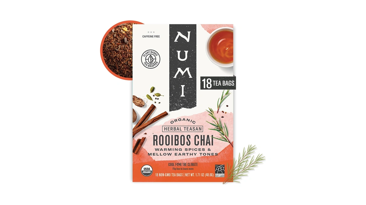 Numi Organic Rooibos Chai Tea, 18 Herbal Tea Bags, Caffeine