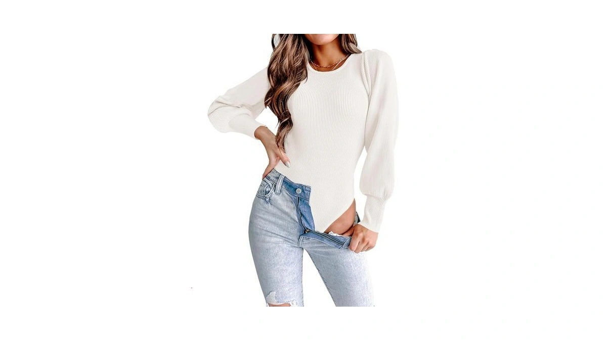 Mascomoda Womens Puff Long Sleeve Ribbed Sweater Bodysuits(white,l)