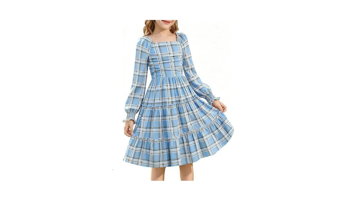 Dresses For Girls Size 7-8 Kids Blue Plaid Long Sleeve