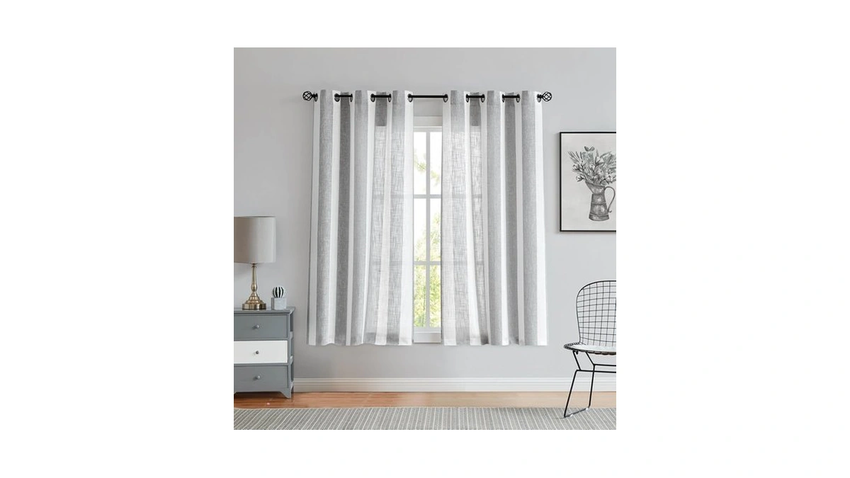 Central Park Gray White Vertical Stripe Curtain Semi Sheer, 44"