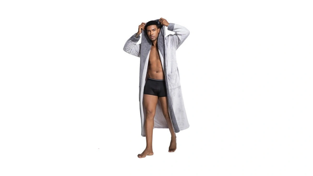 Slumbermee Mens Hooded Robe Soft Plush Fleece Bathrobe, Silver Grey,