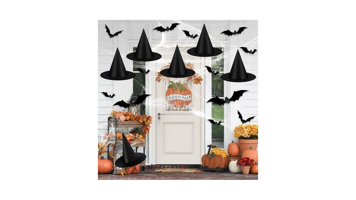 Jmuq 6 Pcs Halloween Witch Hats,hanging Witch Hats,with 3d Bats
