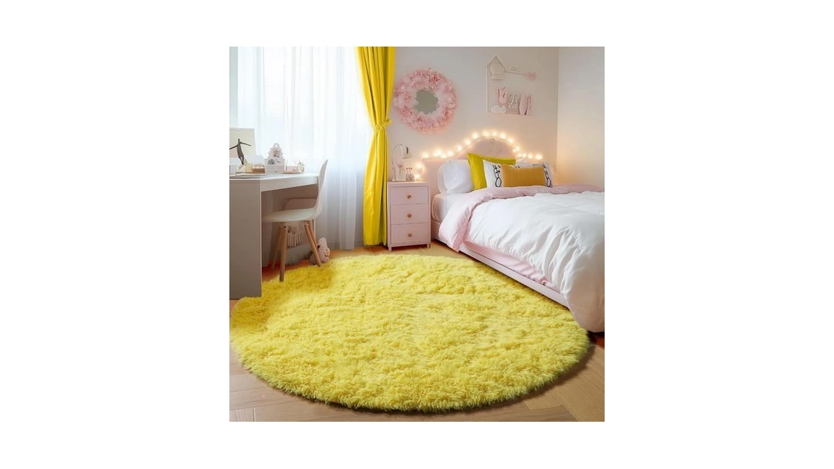 Onasar Yellow Round Rugs 5ft For Bedroom Living Room, Fluffy