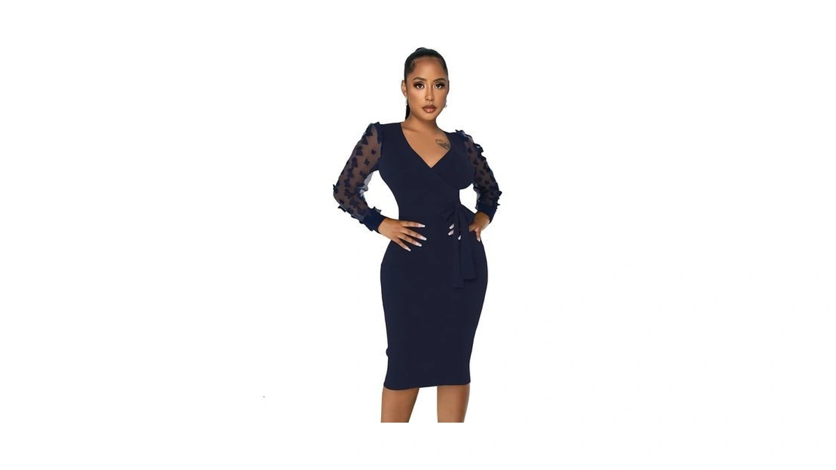 Women Semi Formal Midi Bodycon Dress Mesh Sleeve Church Navy