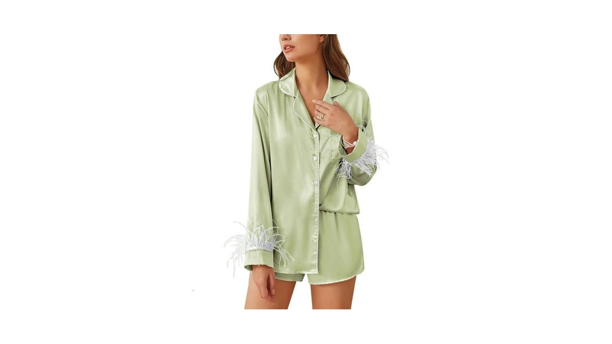 Ekouaer Bridal Feather Pajamas Set Silk Satin Valentine's Pj Sets