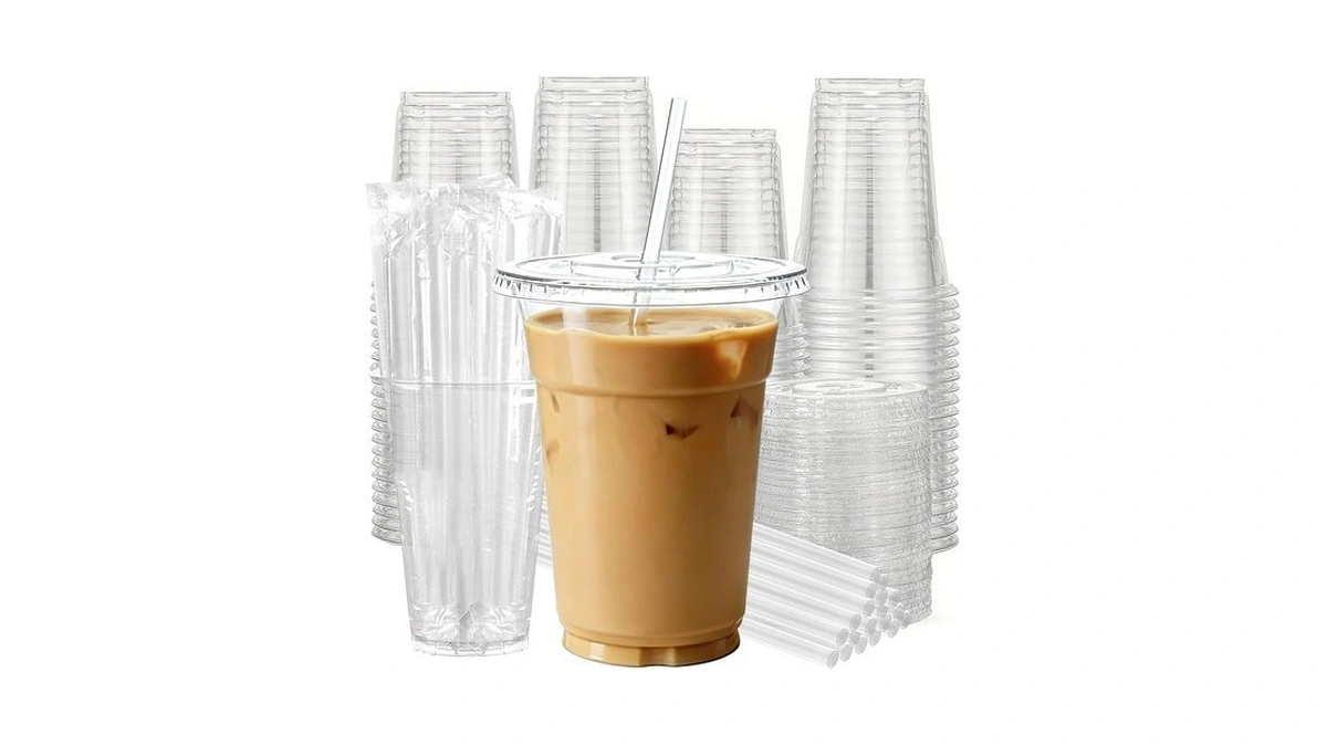 Kanjie 12 Oz 100 Pack Clear Plastic Cups With Lids