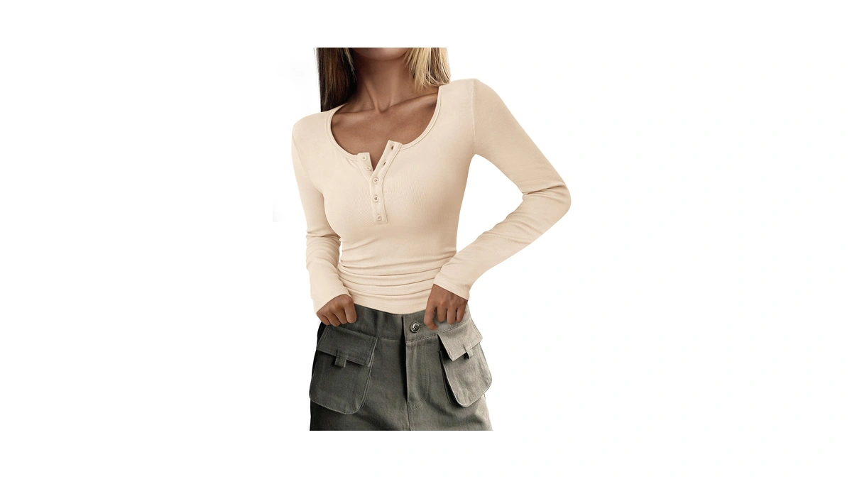 Prettygarden Women's Fall Long Sleeve Henley T Shirts Beige