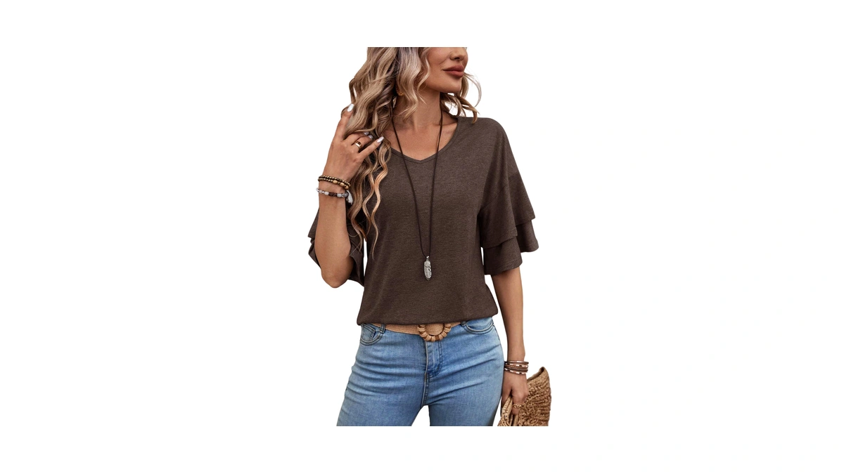 Funbang Womens V Neck Short Sleeve Shirts Double Tiered Ruffle