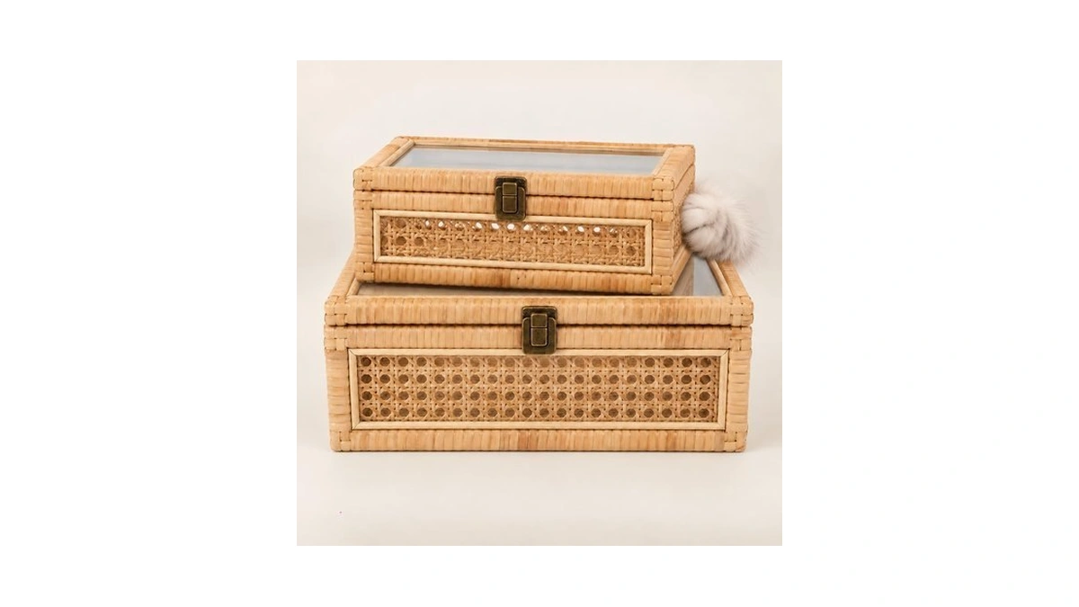 Rattan Decorative Storage Boxes Rectangular Display Basket With Glass Lid