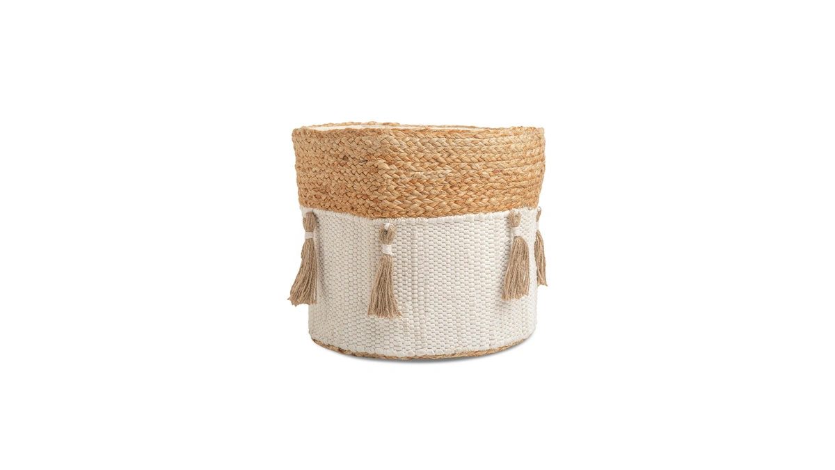 Crane Baby Fabric Round Nursery Storage Basket, Cotton & Jute