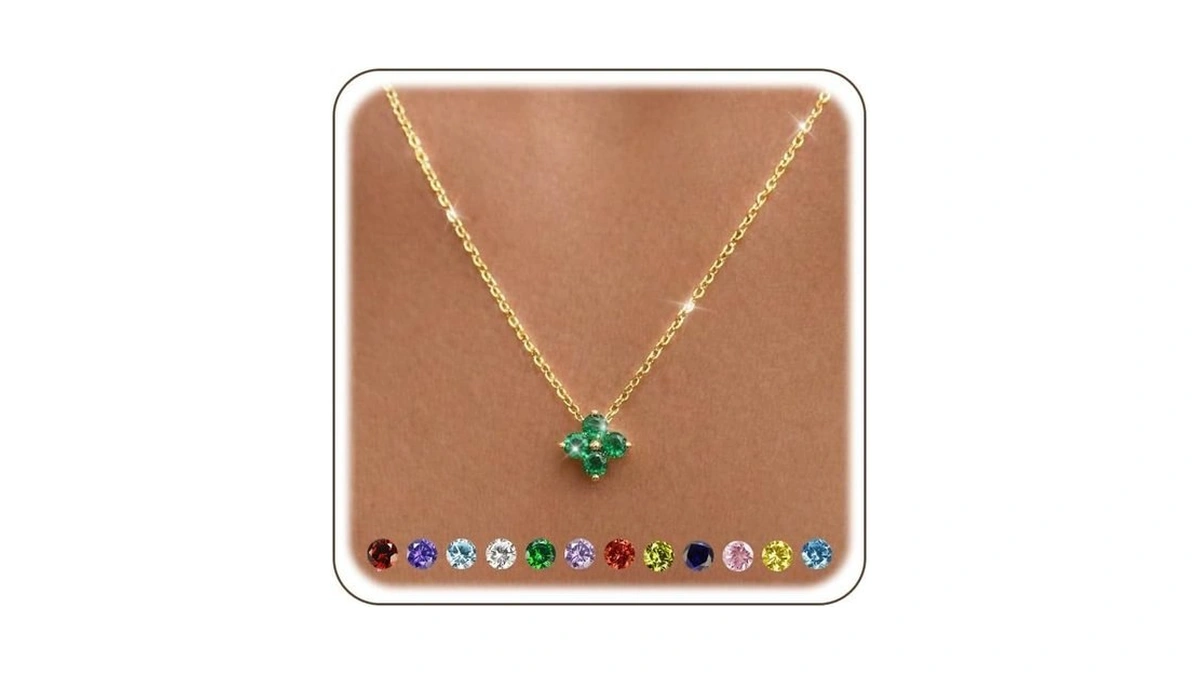 Calimt Dainty Clover Birthstone Gold Necklace For Women Cz 14k