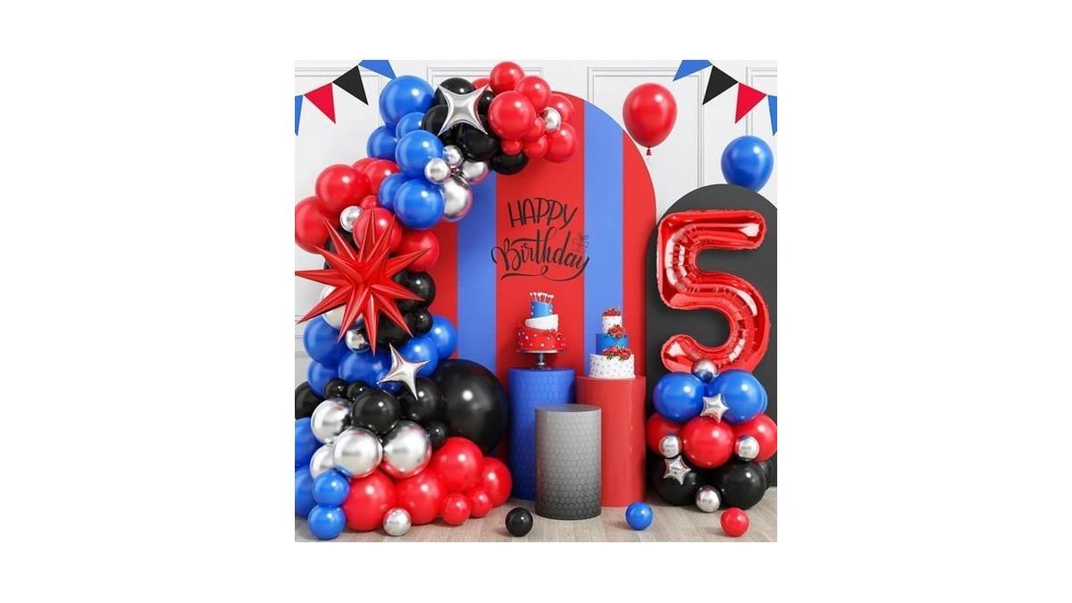 5th Birthday Decorations For Boys, Royal Blue Black Red Silver
