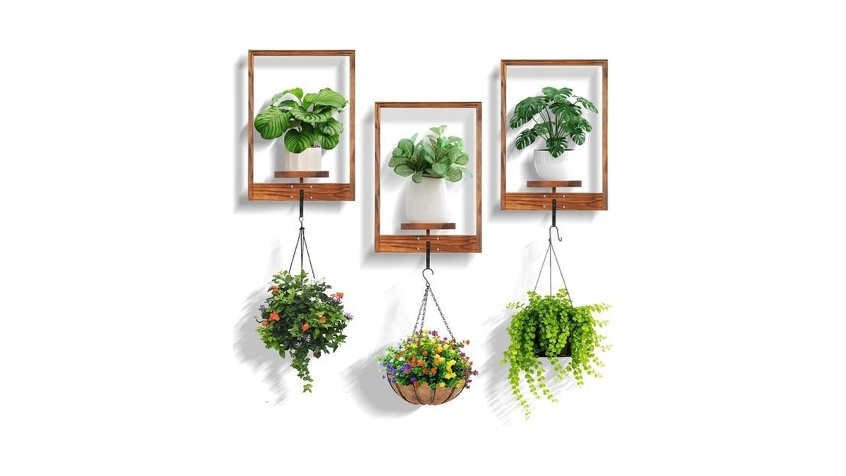 3 Pack Solid Wood Hanging Planters For Indoor Plants Wall