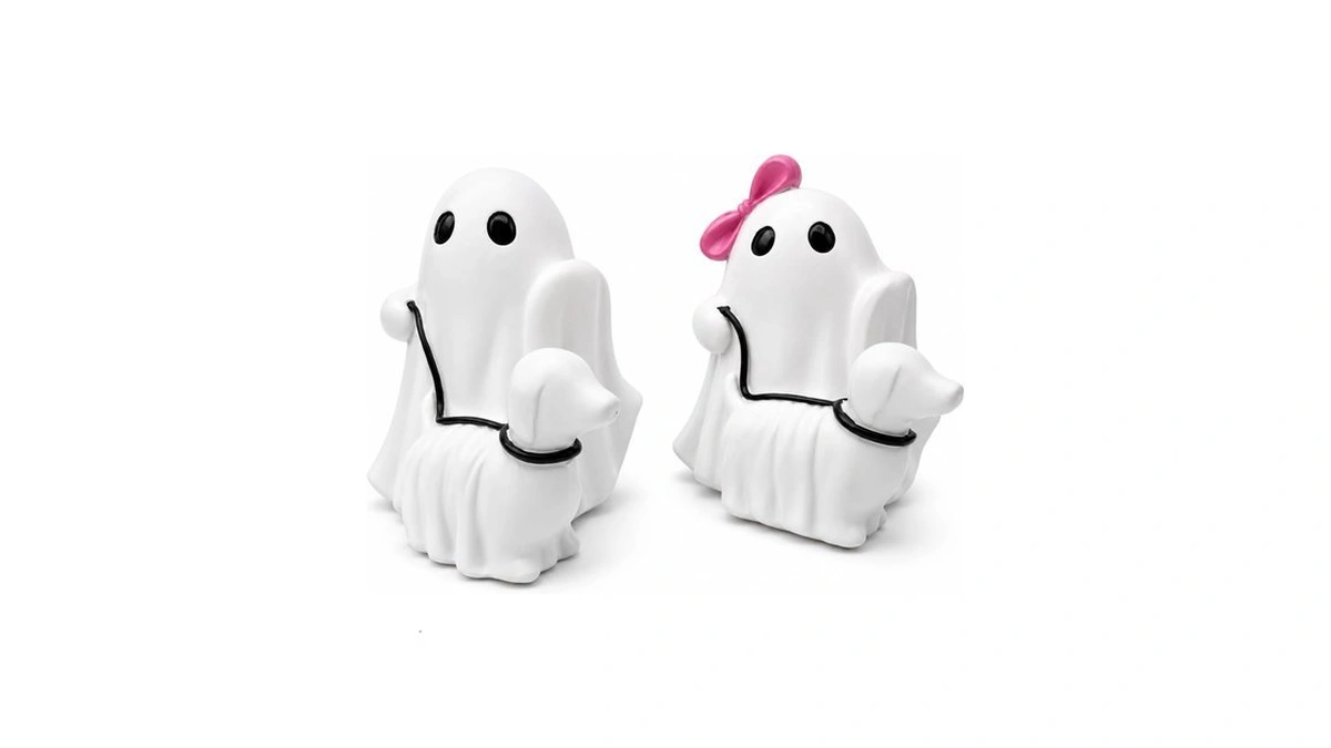 Halloween Ghost Walking Dog Figurines, Resin Statues With Pink Bow,