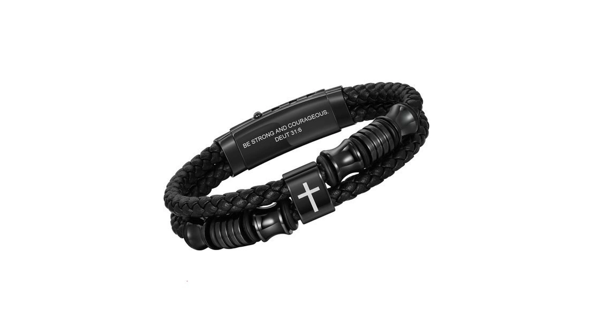 Christian Black Leather Bracelet For Men, Braided Leather Cross Adjustable