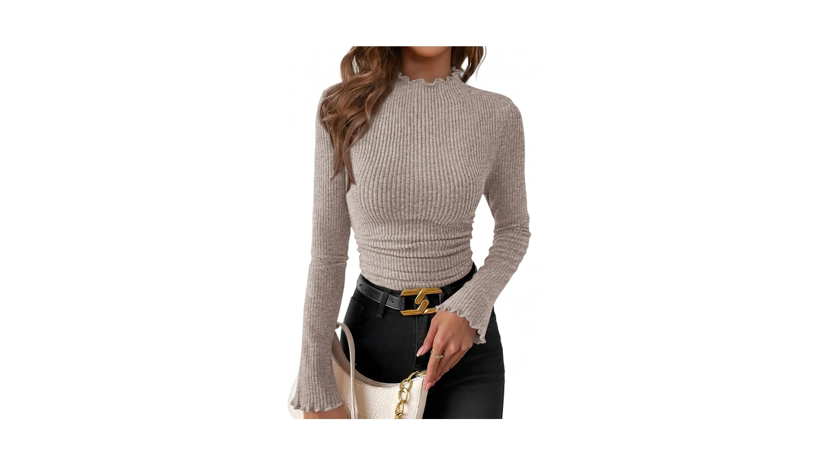 Iwd Women's Long Sleeve Mock Neck Shirt Ribbed Knit Ruched