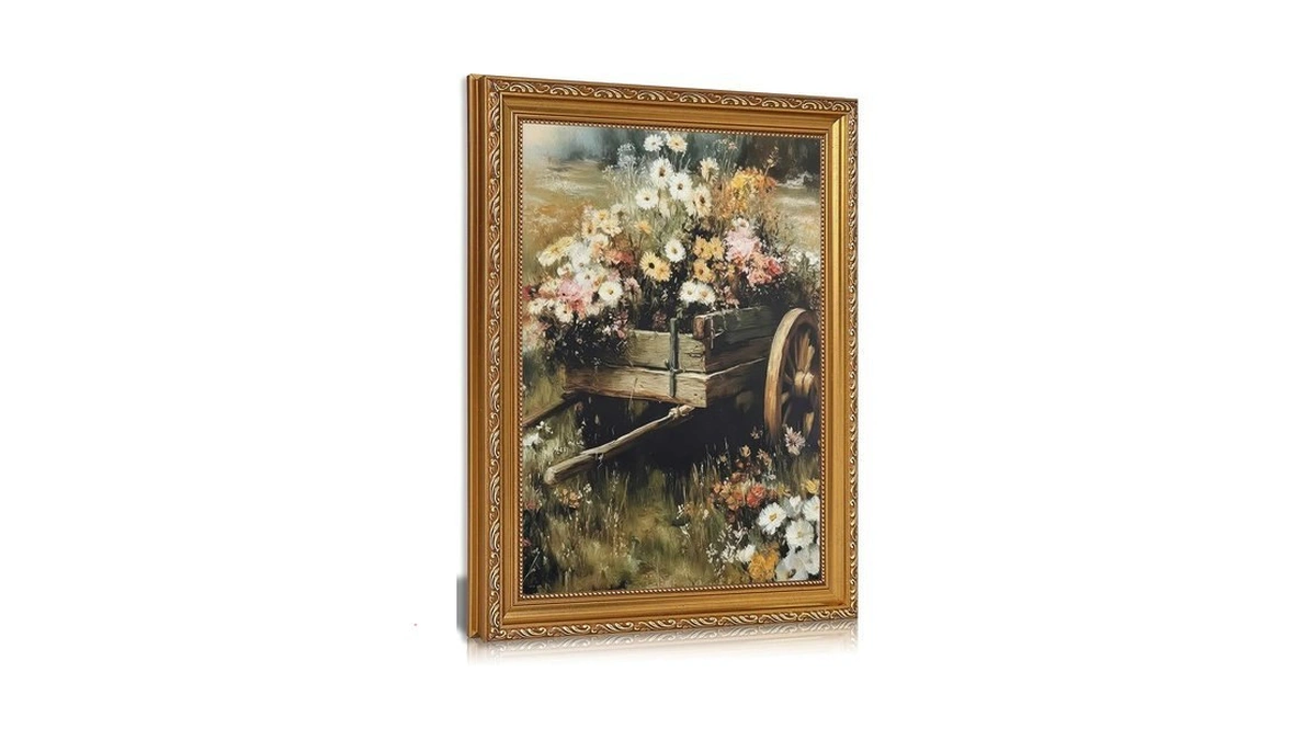 Apexblume Vintage Wildflower Wooden Cart Framed Wall Art