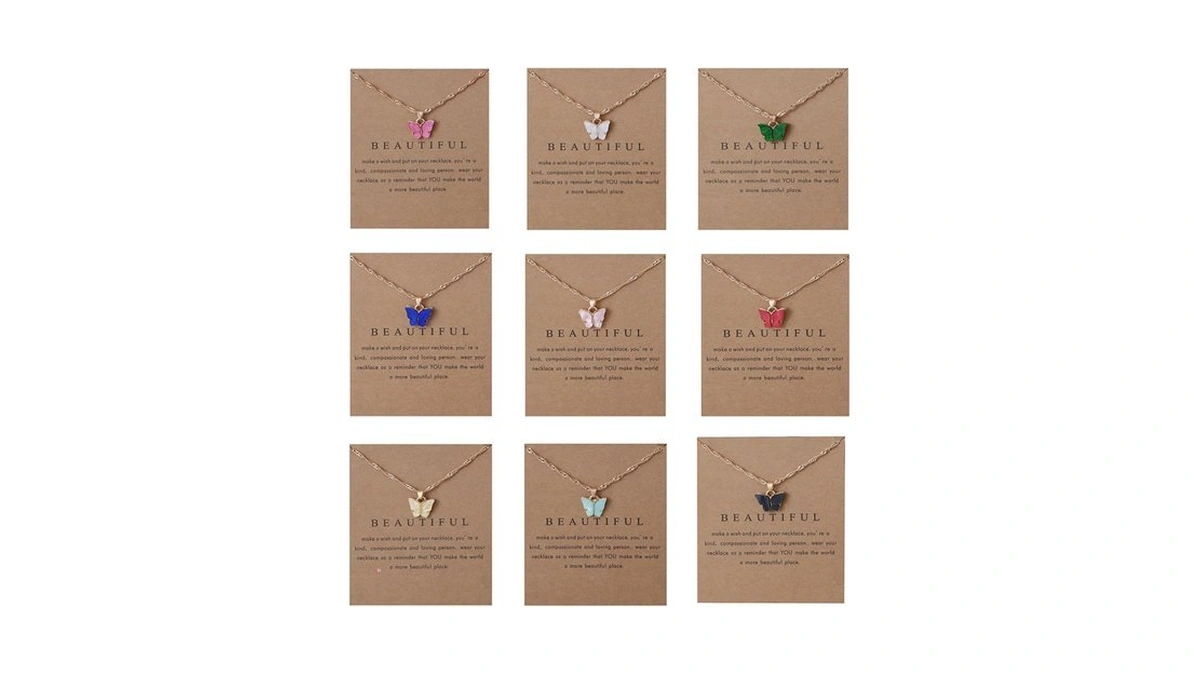 Caiyao 9pcs Colorful Acrylic Butterfly Pendant Necklace Bohemian Adjustable Retro